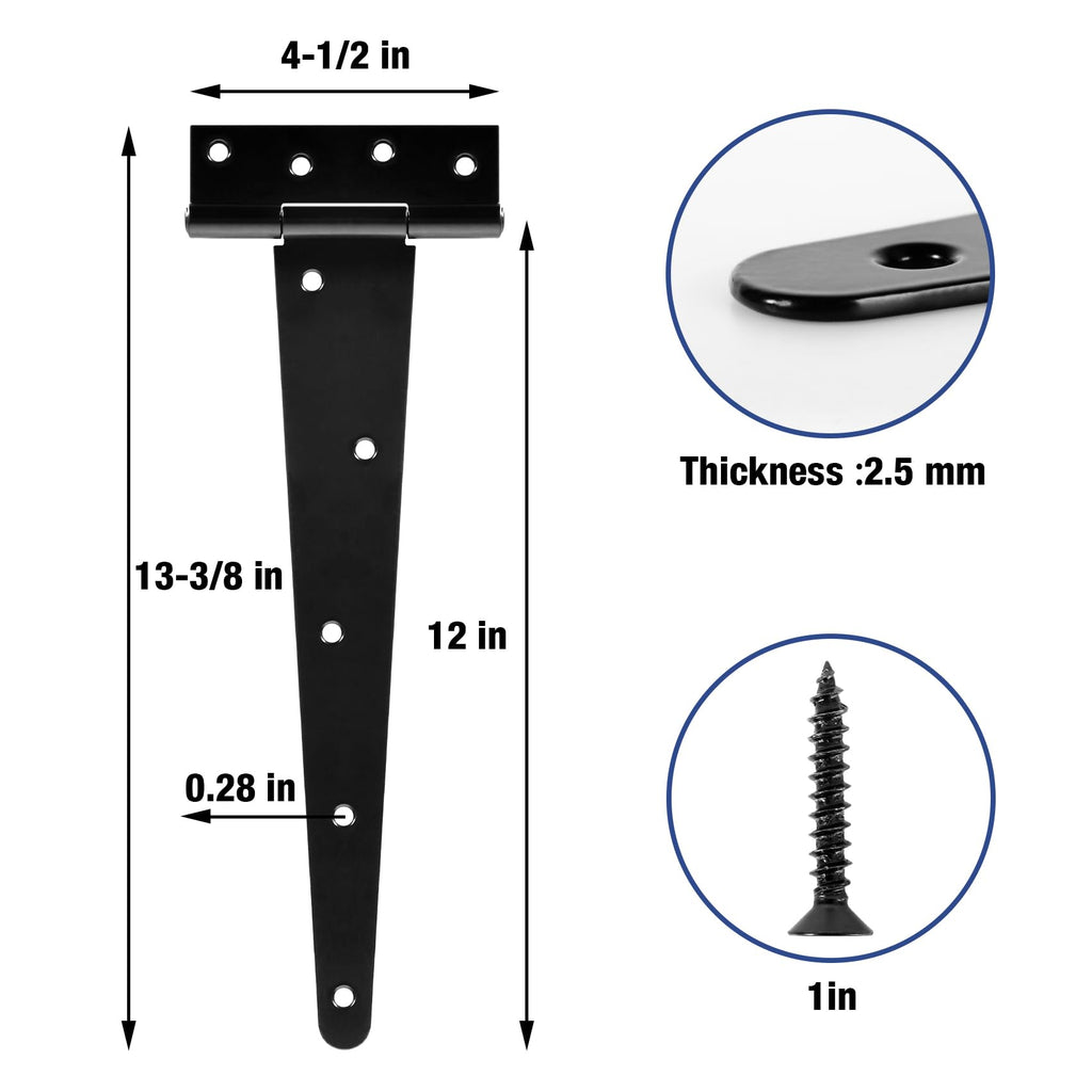T Strap Black Gate Hinges 12 Inch for Barn Shed Door 2.5mm 4 Pack
