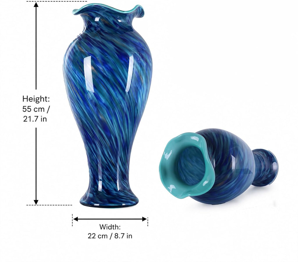 20" Tall Hand Blown Glass Vase - Pretty Ruffle Wide Mouth Decorative Flower Vase, for Modern Home Decor, Ideal