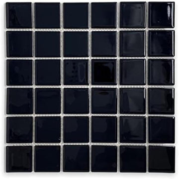2-Inch Black Porcelain Square Mosaic Tile, Glossy Shiny Finish, Exact 1-15/16 in., Mesh-Mounted 12x12 Sheet