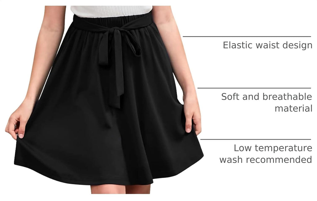 Girls Tie Belt A-Line Flared Skirt Pockets