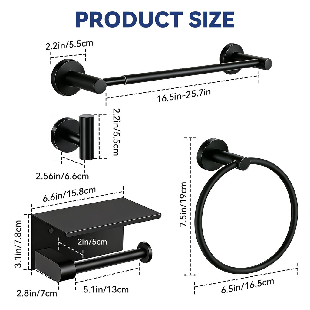 Bathroom Hardware Set Wall, 16-24" Extendable Towel Bar, Black