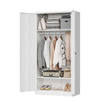 Metal Clothing Storage Locker, Steel Wardrobe Cabinets with Shelves and Hanging Rod, 72" Large Storage Locker Closet