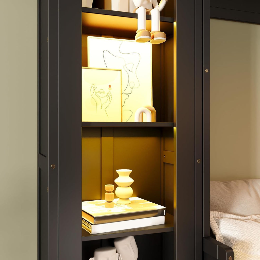 Queen Murphy Bed with Desk and Storage Bookcase & LED Light, Solid Wood Murphy Wall Bed with Storage Shelves and