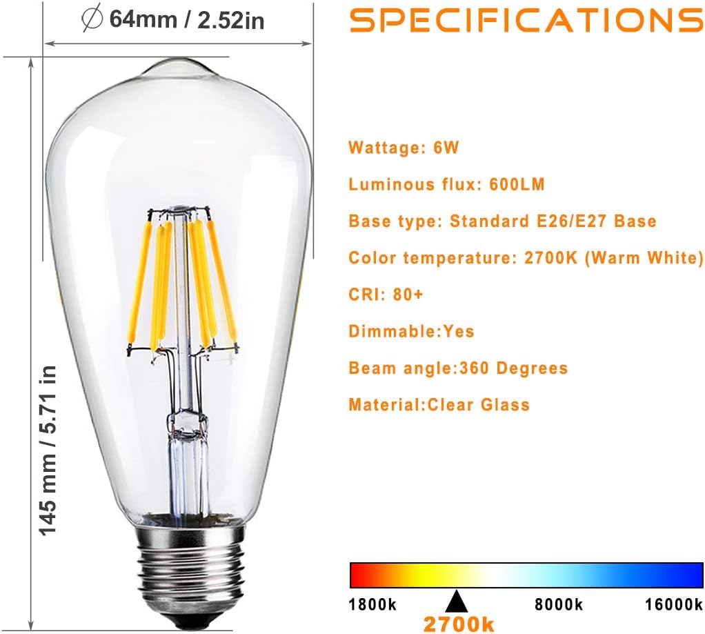 LED Edison Bulbs,Dimmable Vintage Light Bulbs,6W Warm,E26 Clear Glass
