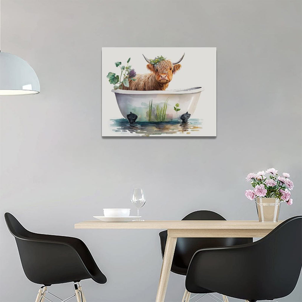 Highland Cow Bathroom Wall Art Longhorn Cow Bathtub Wall Decor Farmhouse Botanical Animals Bathroom Pictures Canvas