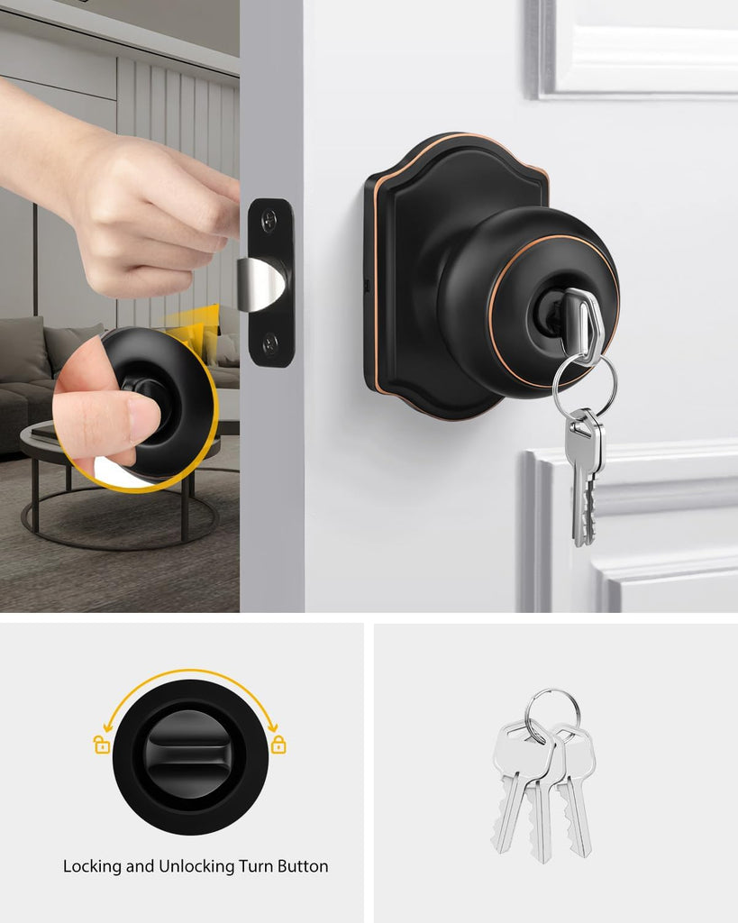 Keyed-Alike Exterior Door Knob with Lock and Key, Oil Rubbed Bronze Front Door Knob, Secure Outdoor Door knobs Entry