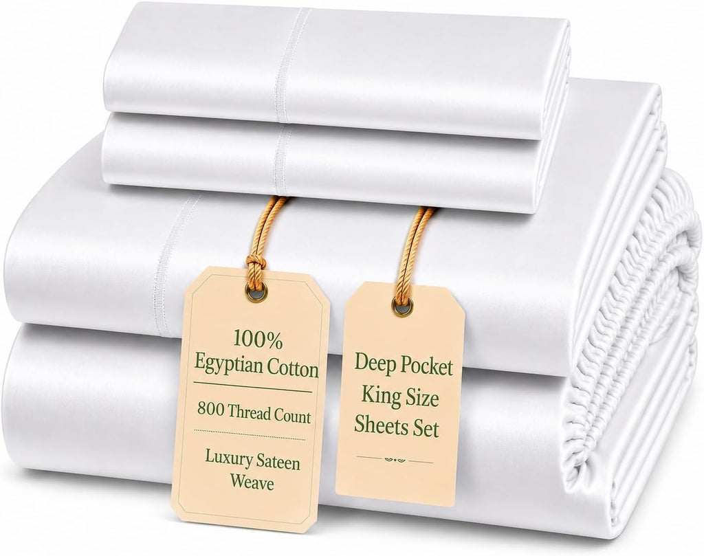 100% Egyptian Cotton Sheets King Sheets Set with Fully Elasticated 15" Deep Fitted Sheet & Pillowcase Sets, 800TC