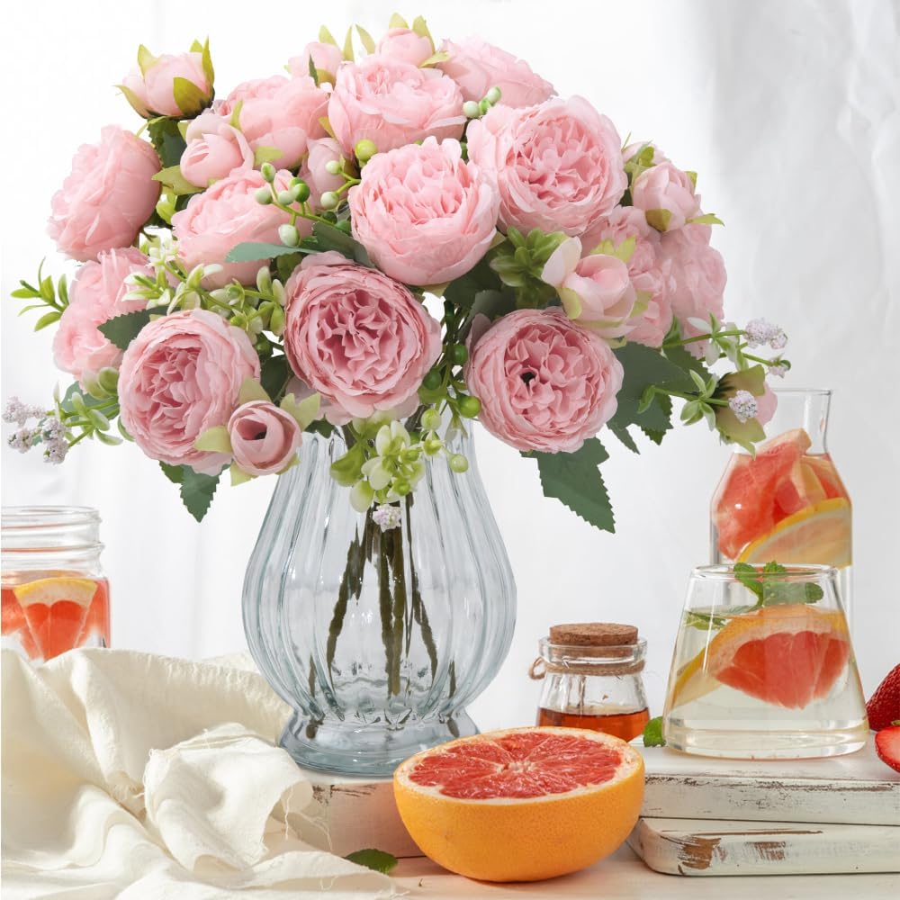 Artificial Peonies Silk Flowers in Glass Vase Faux Flowers Bouquets Modern Penoy Arrangement 4 Pack Decoration Table - Set of 4