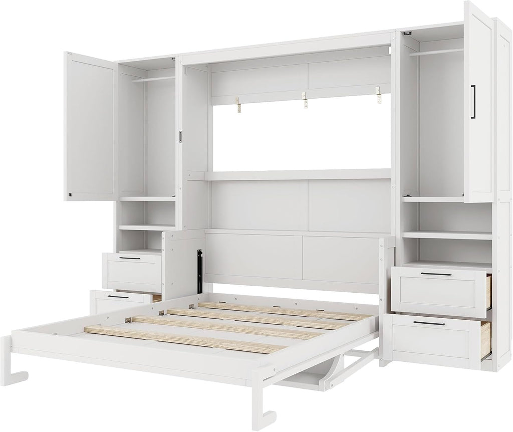 Murphy Bed Queen with Small Desk, Queen Wall Murphy Bed with Wardrobe, Drawers and Storage Shelves, No Box Spring