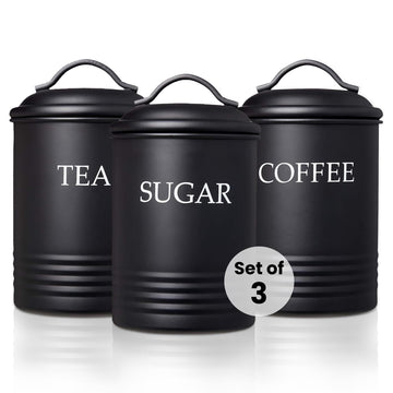 Black Kitchen Canister Set of 3 - Airtight Food Storage Containers with Lids for Sugar, Coffee & Tea, Stainless Steel