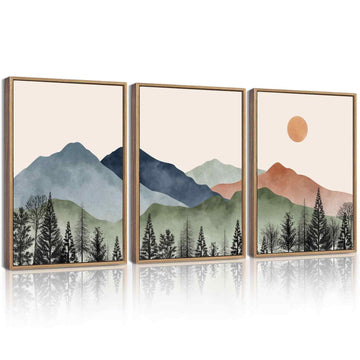 Mountain Landscape Framed Wall Art Watercolor Nature Painting Boho Sun Rise Prints Farmhouse Rustic Room Decor Ready
