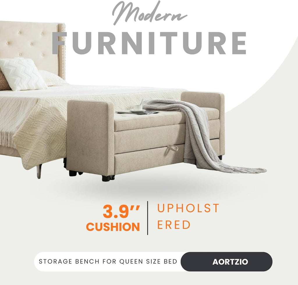 58.3" 2-Tier Storage Bench Upholstered with Drawer, Griege. | End of Bed Bench, 2-Tier Storage King Size Bench