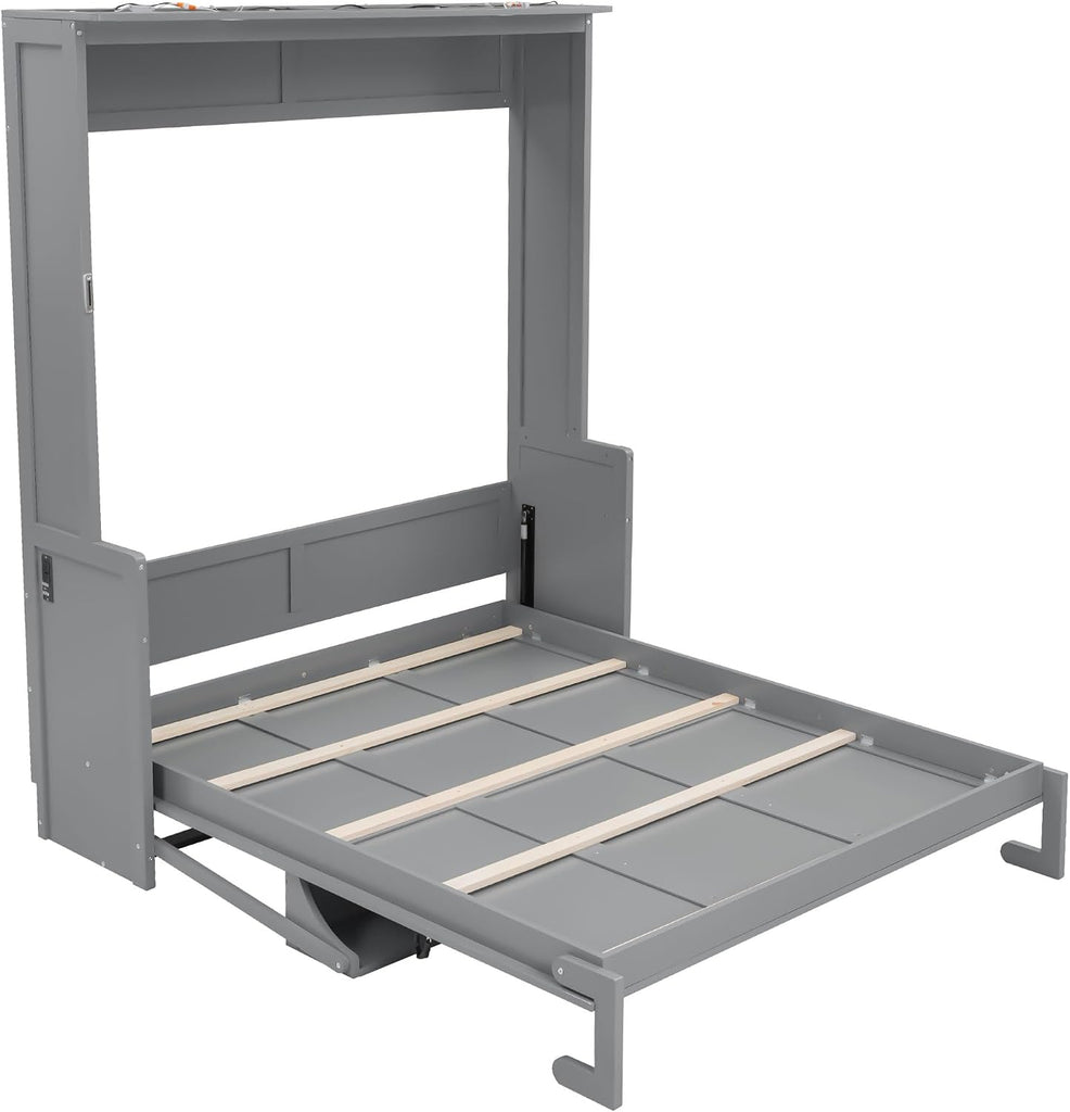 Queen Murphy Bed with Desk, Hideaway Wall Bed Frame with LED Lights and USB Ports, Folding Murphy Cabinet Bed for