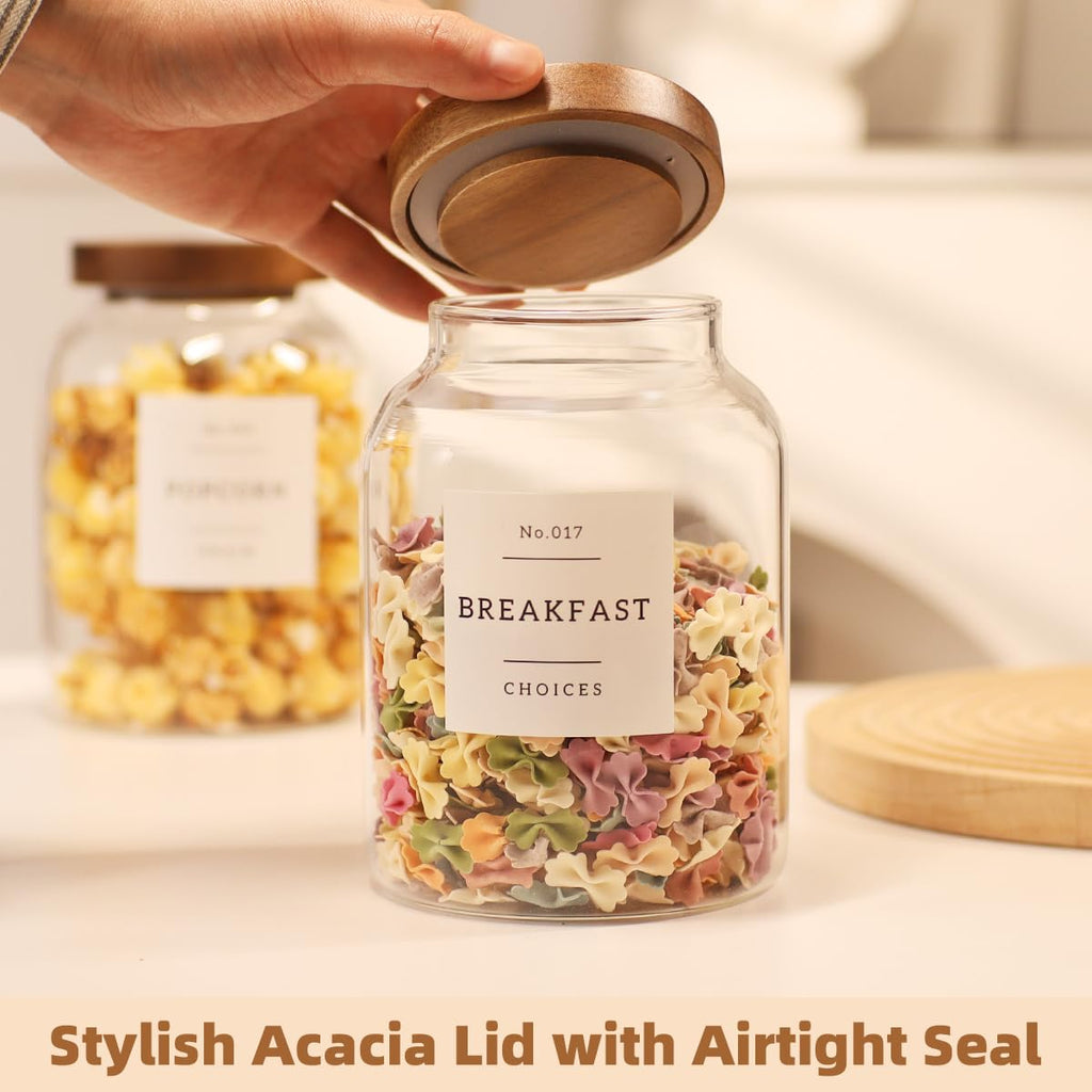 2 Pack Glass Food Storage Containers with Airtight Acacia Wood Lids and 132 Kitchen Pantey Labels Preprint - 43 LF OZ
