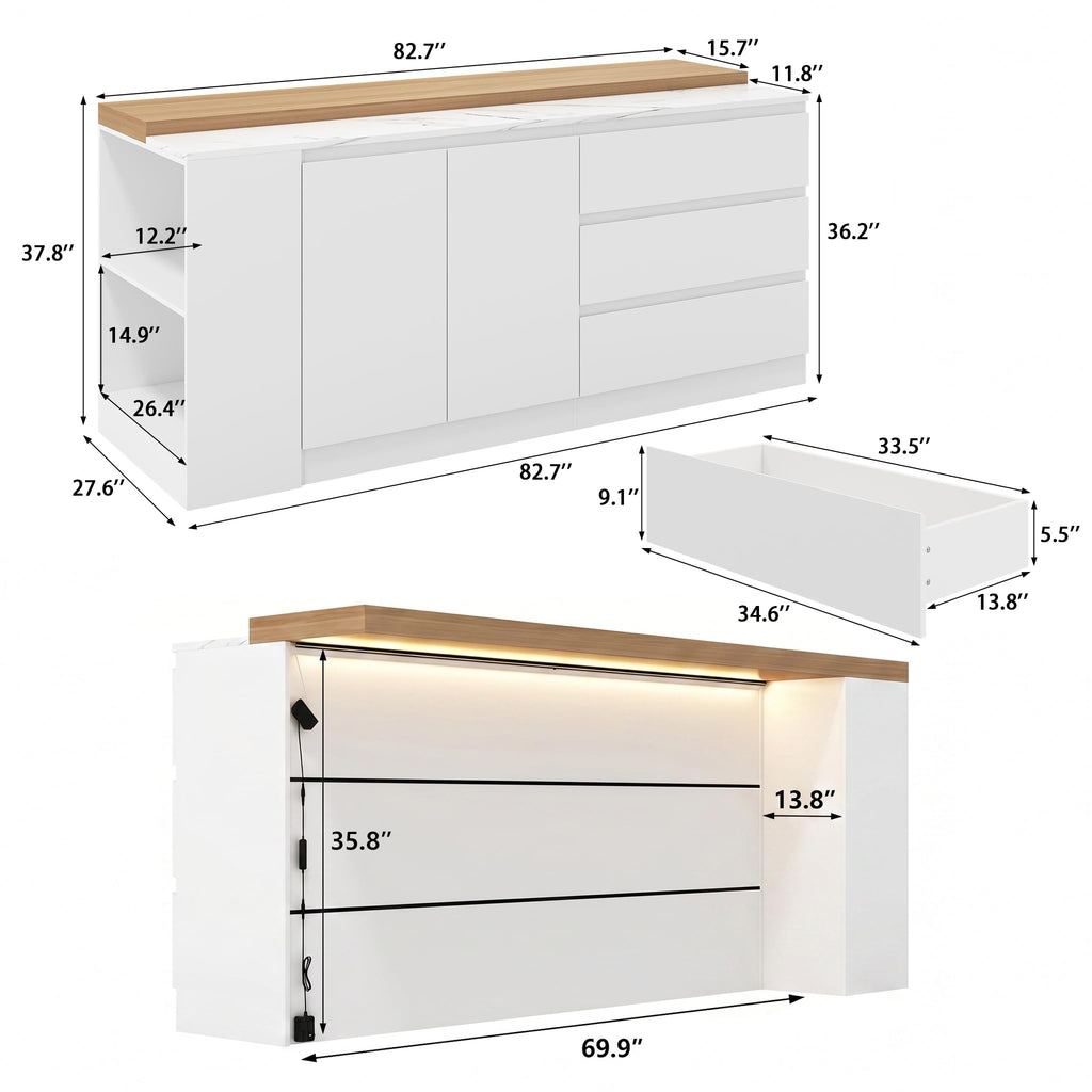 82.7" Large Bar Table Kitchen Station, Home Bar Unit with Lighting, 3 Drawers & 4 Shelves, Bar Cabinets Reception