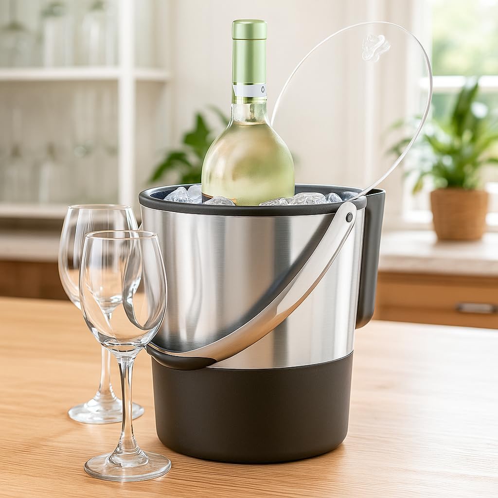 Insulated Ice Bucket, 4 Quart / 3.8 L, Stainless Steel, Black.