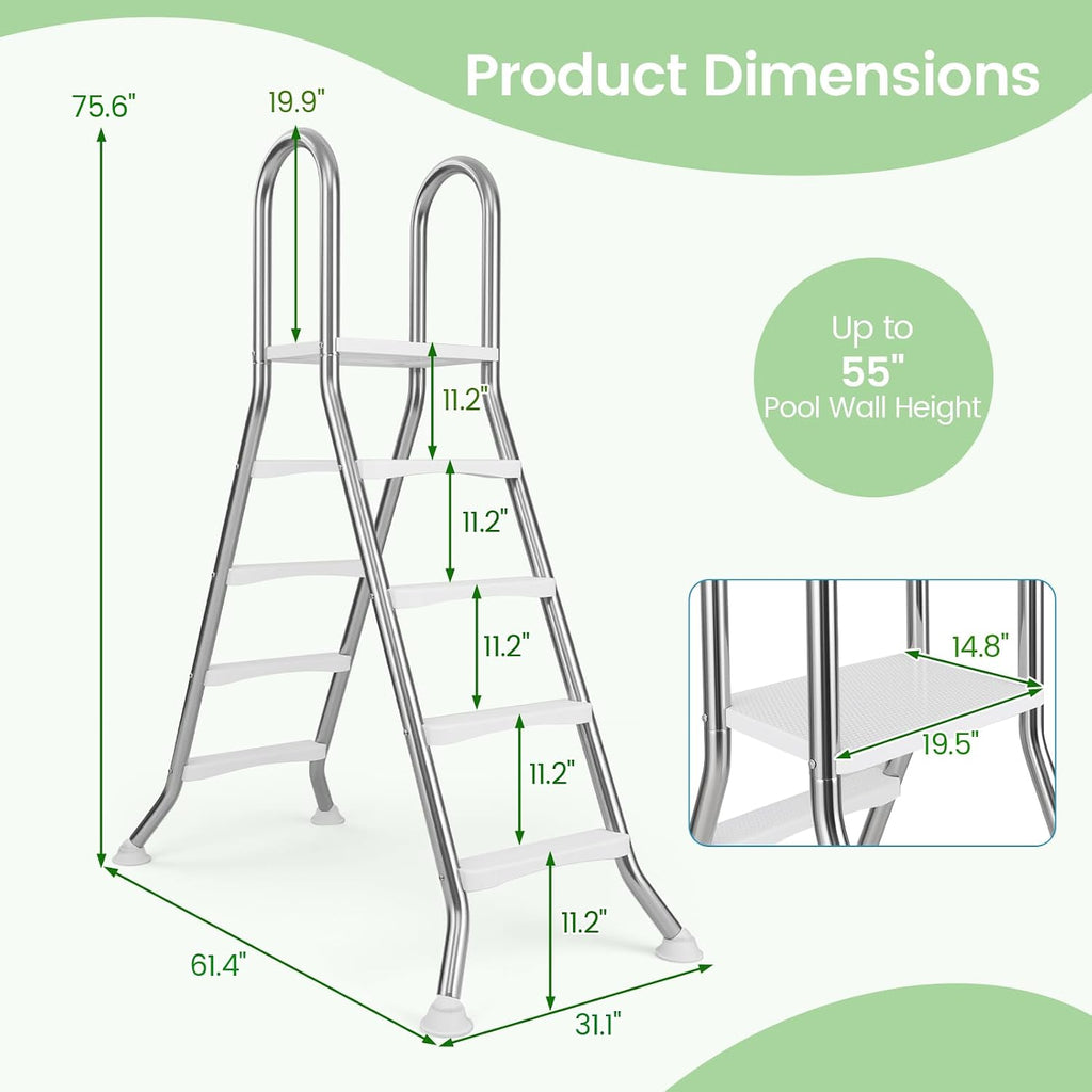 Above Ground Pool Ladder for 55" Pool Wall Height | 440 LBS Heavy Duty Stainless Steel 4-Step Double-Sided Swimming