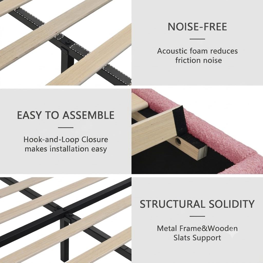King Size Bed Frame, Boucle Upholstered Bed Frame with Headboard, Removable and Washable, No Box Spring Needed, Wood