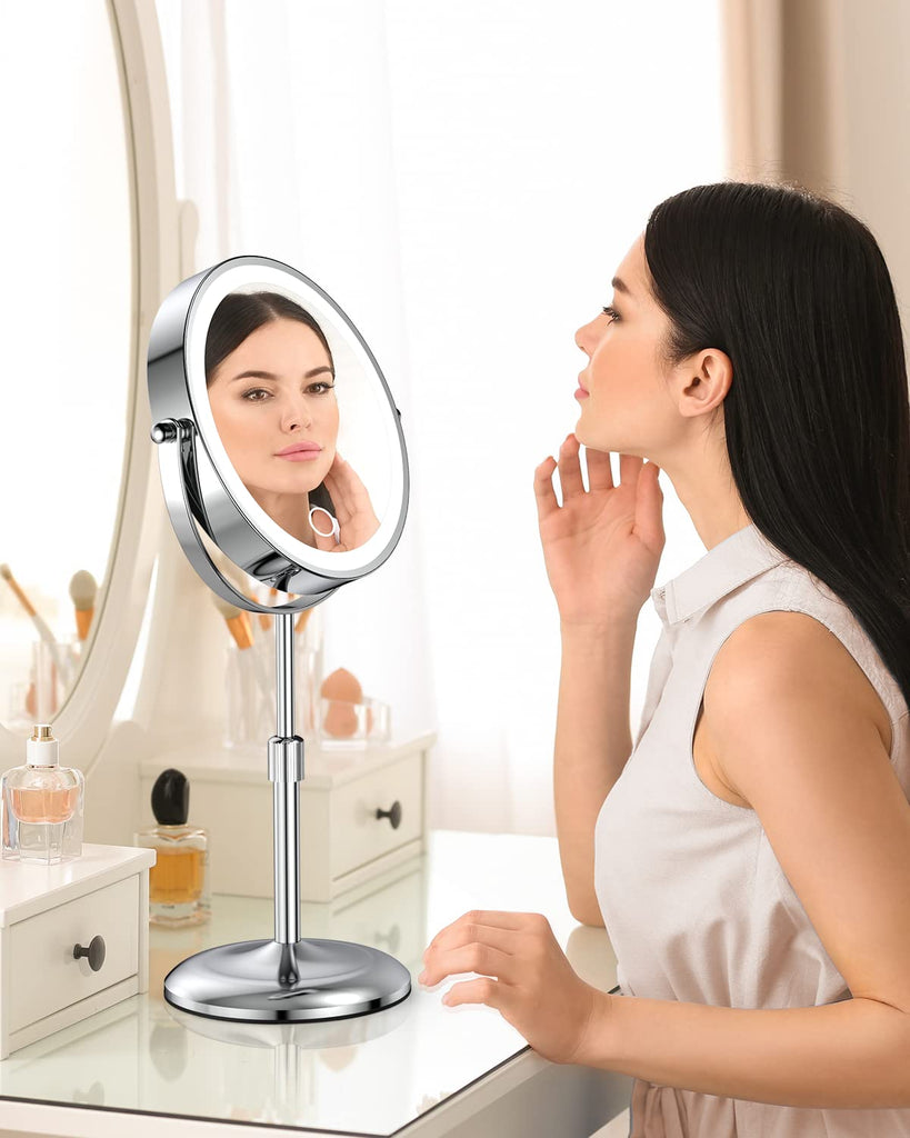 7" Lighted Makeup Mirror with Magnification 10X, Height Adjustable,3 Lights