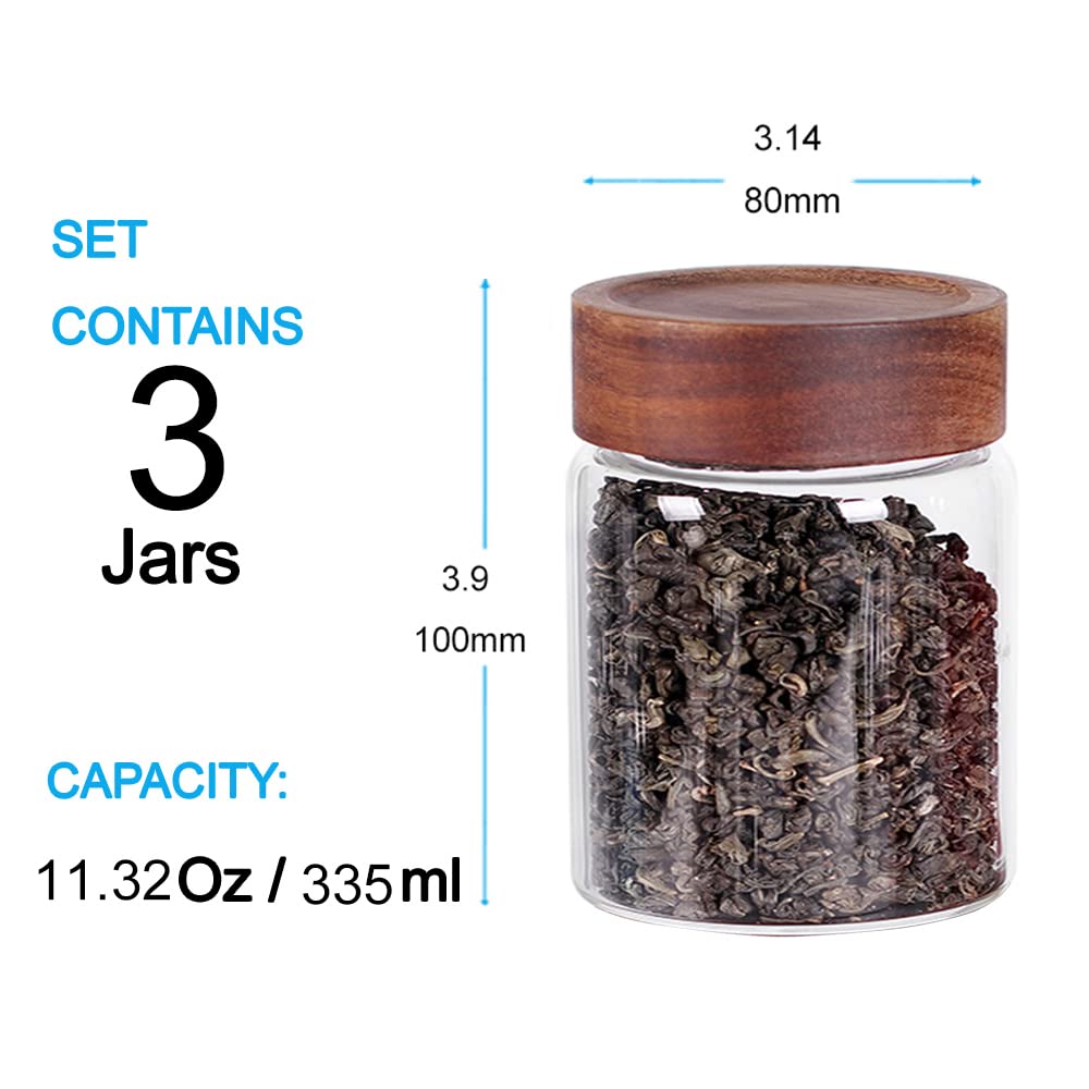 3 Packs Glass Food Storage Jars with Screw Airtight Seal Acacia Wood Lids, Spice Jars with Lids, Organization for Jars