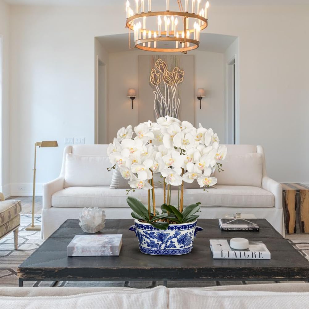 Large White Orchid Artificial Flower in Blue and White Porcelain Pot 25.6" Faux Silk Orchid Arrangement Fake Orchid