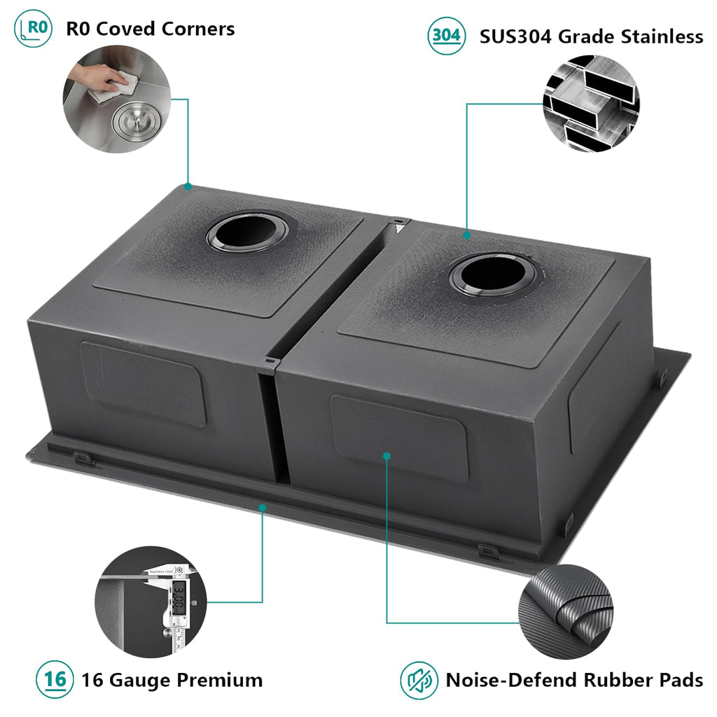 33x22 Double Bowl Kitchen Sink 33 Inch Black, Stainless Steel Drop in Double Bas Sink, Topmonut 50/50 Kitchen Sinks