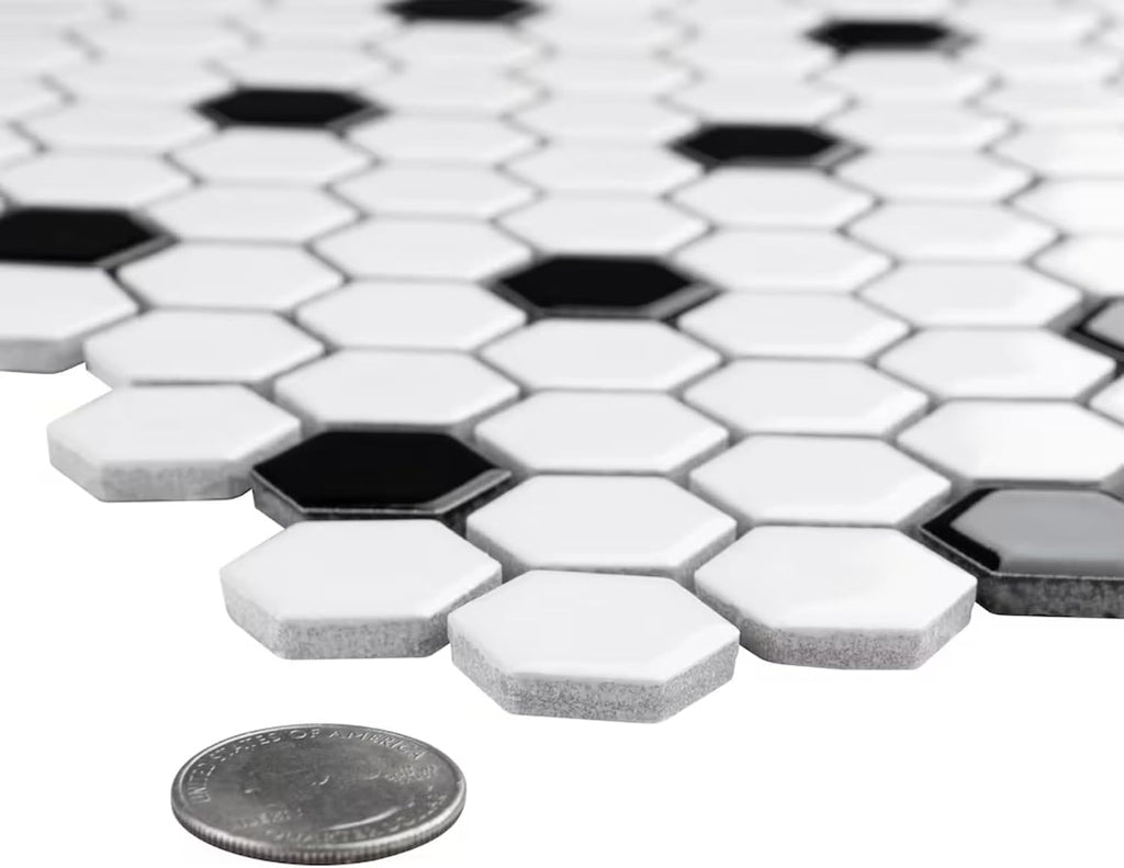 White and Black Hexagon Polished Porcelain Mosaic Tile - Classic Glossy Geometric Wall and Floor Tile , and