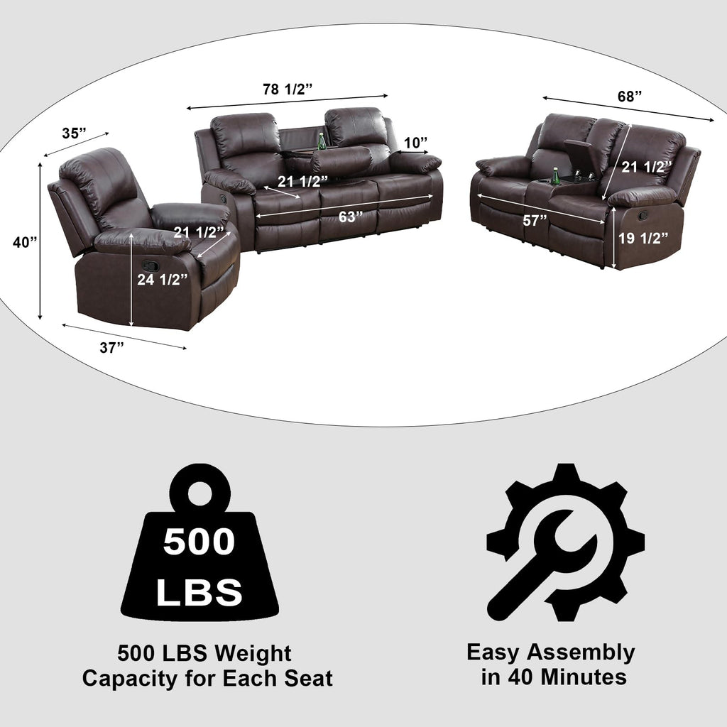 3 Piece Reclining Sectional Couch - Manual Brown Leather Sectional Couch with Recliner, Storage Console, Cup Holders