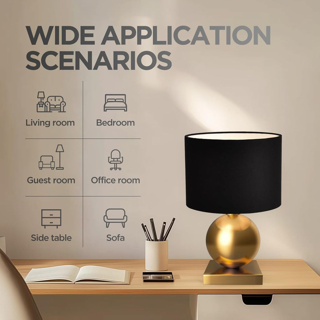 Gold Ball Modern Table Lamp,Mid Century Bedside Lamp Nightstand Light with Black Shade Metal Base Accent Lamp Bedside