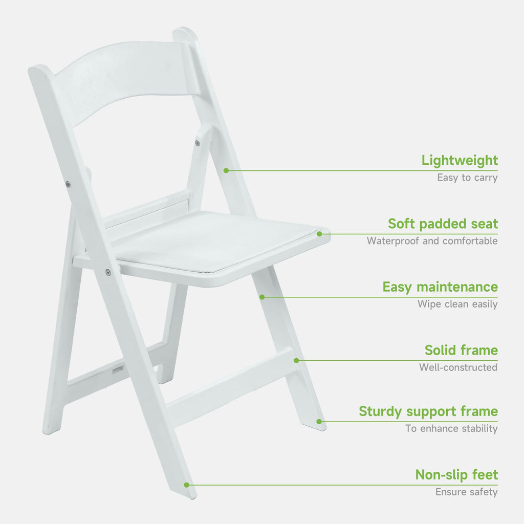 White Resin Folding Chairs with Cushion - Comfortable Foldable Plastic Chair - Stackable Chairs with Padded Seats