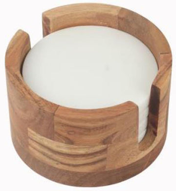 White Marble Coaster Set with Acacia Wood Holder, 4 Piece Round Drink Coasters, 4.75 Inch Stone Coasters