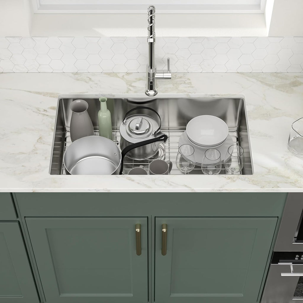 32 Inch Undermount Kitchen Sink | Stainless Steel 16 Gauge Single Bowl Under Counter Handmade Brushed Basin, 32x18x9