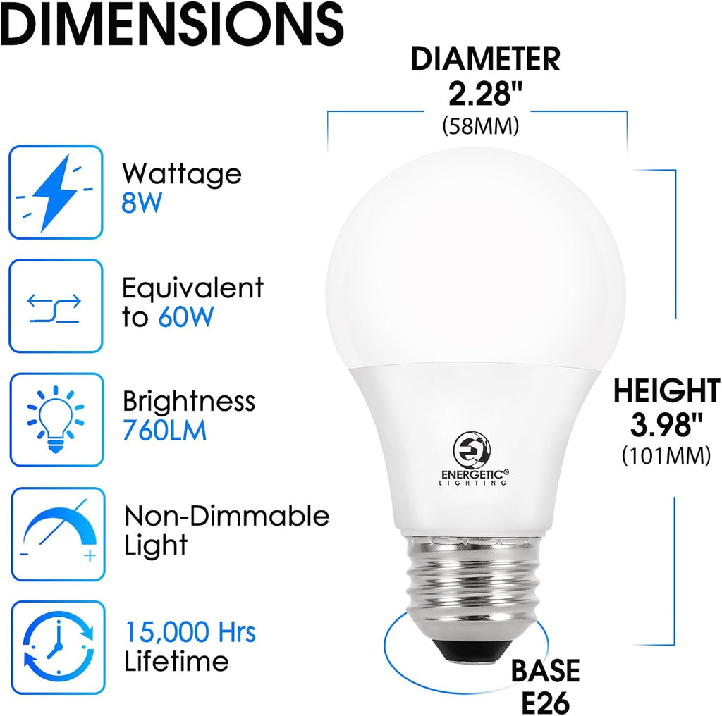 60W Equivalent A19 LED Light Bulb, Soft White 2700K, E26 Standard Base, UL Listed, Non-Dimmable LED Light Bulb, 15000