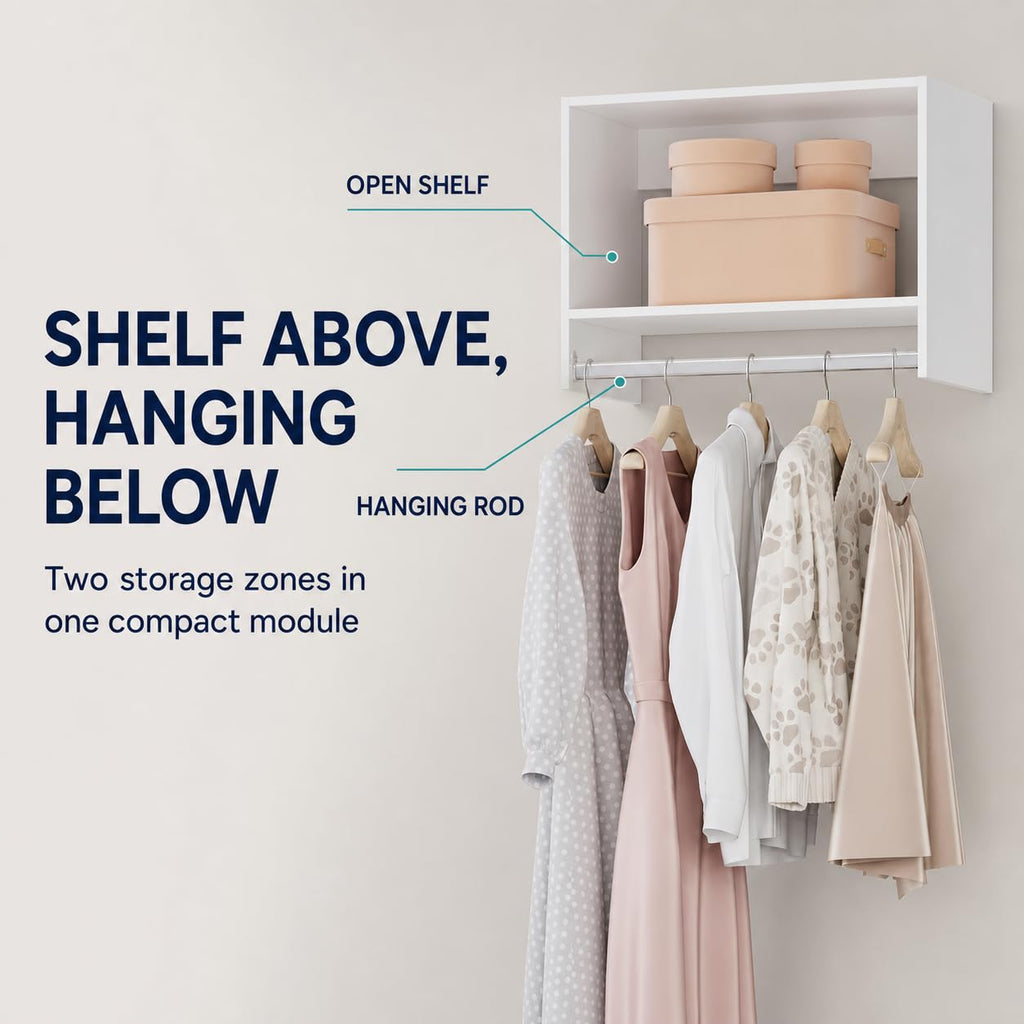Wall-Mounted Wood Closet Organizer with Hanging Rod, 22.5", White