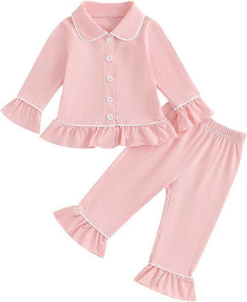 Toddler Baby Girls Pajamas Set Cotton Long Sleeve Ruffle Button PJs