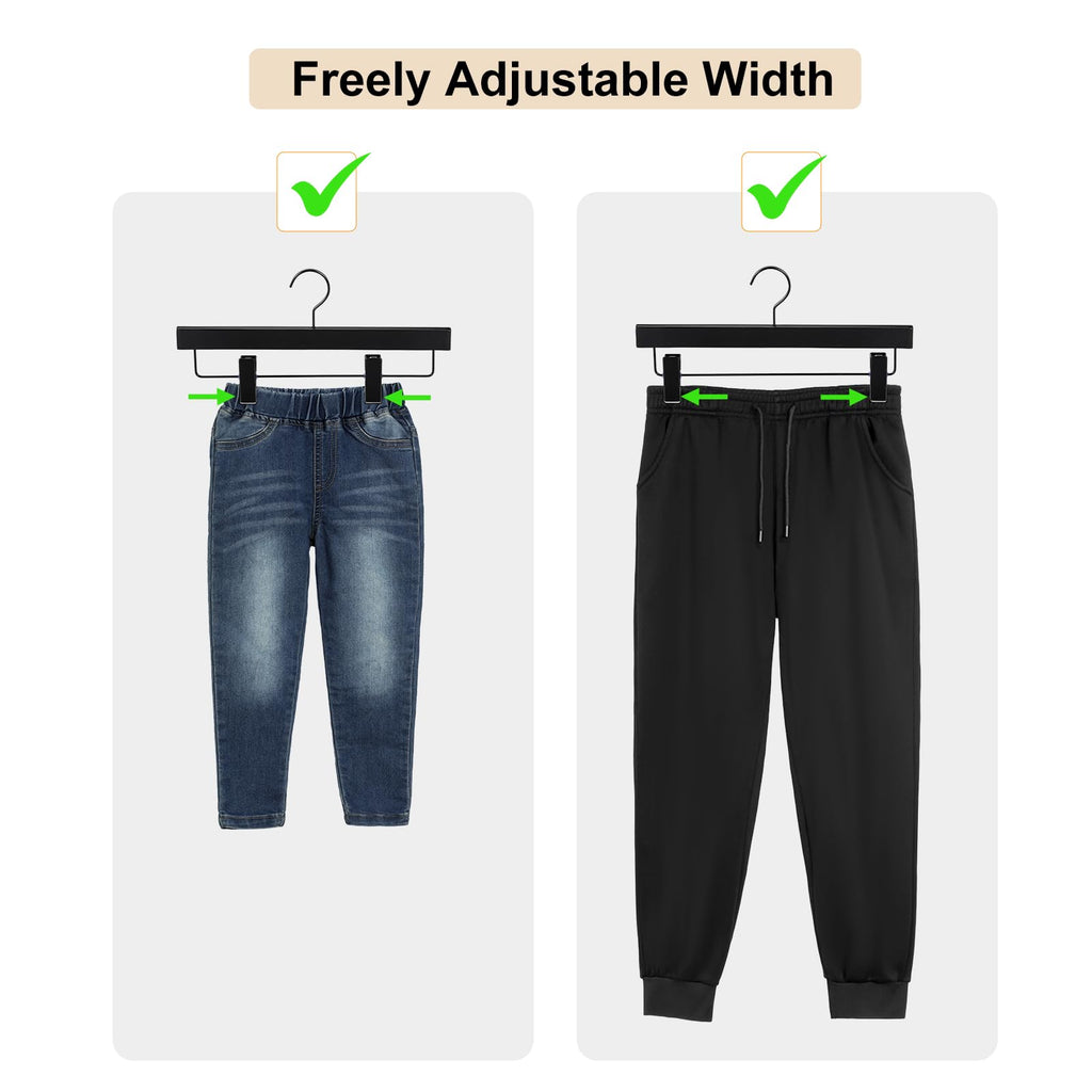 Black Wooden Pants Hangers, Wood Skirt Hangers with Clips, Deluxe Jeans Hanger with 360° Swivel Anti-Rust Flat Hook