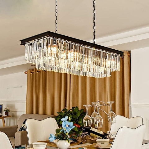 Modern K9 Crystal Chandelier Pendant Light Fixture, Rectangular Ceiling Lamp with 8-Lights for Dining Room & Kitchen, Finished in Chrome, L33.5 Inch A107-B07CWLNN21