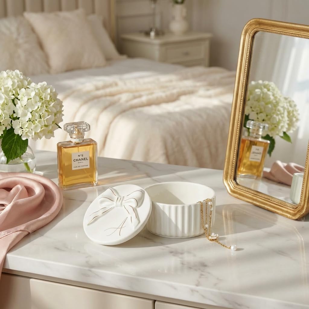 Ceramic Jewelry Box with Bow, Nightstand Vanity Decor(A)
