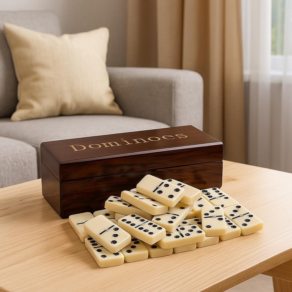 Double Six Dominoes Set with Wooden Storage Box, 28 Piece Travel Game