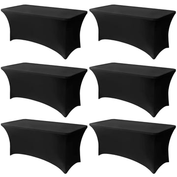6FT Black Table Cloth - 6 Pack Fitted Stretch Rectangle Spandex Tablecloth, Washable Table Cover for Party, Picnic