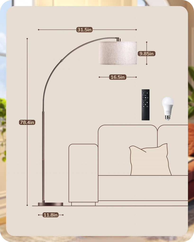 Bronze Modern Floor Lamp with Remote, 78.3" Tall Arc Standing Lamp
