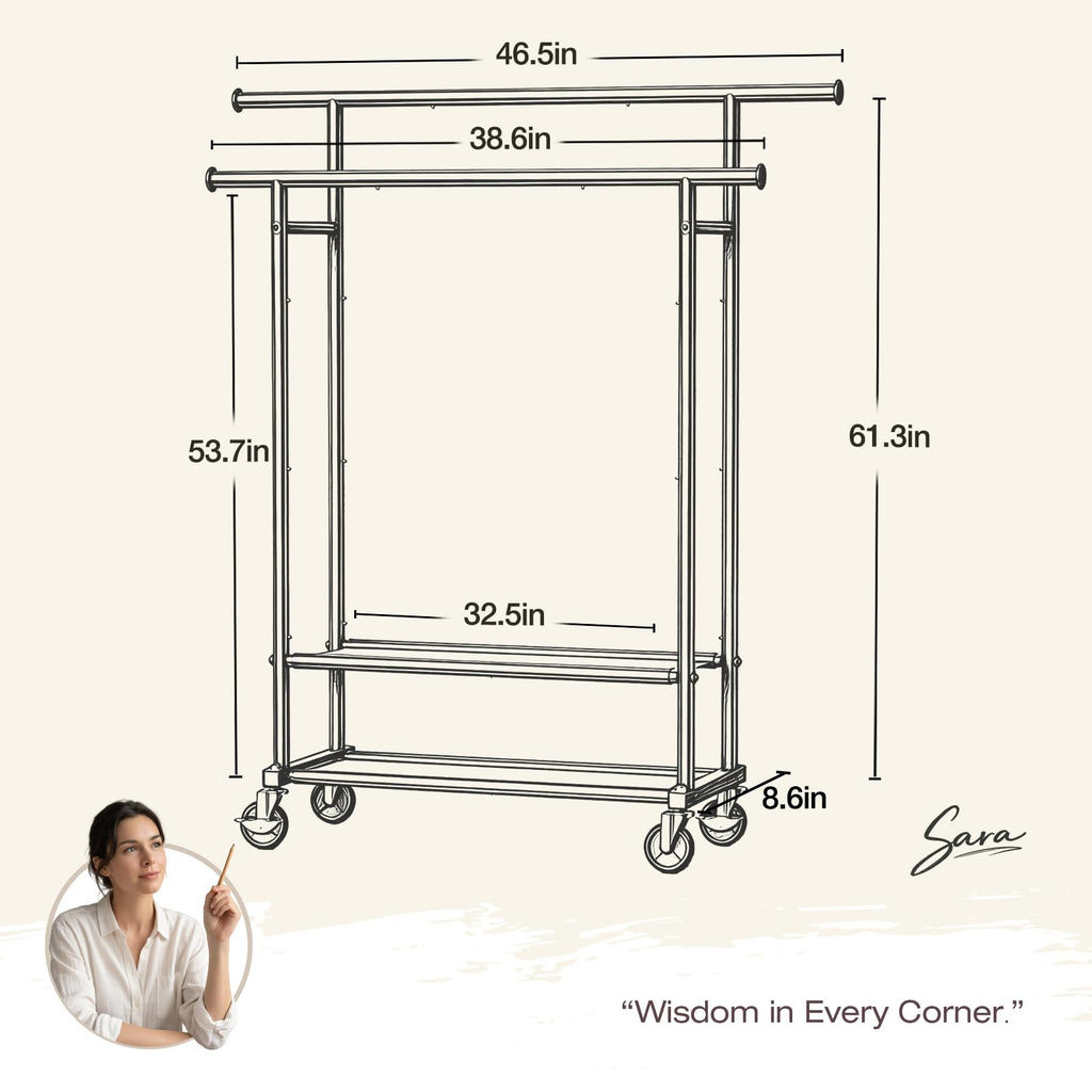 Portable Clothes Rack Rolling Garment Rack with Wheels 26OLBS Black
