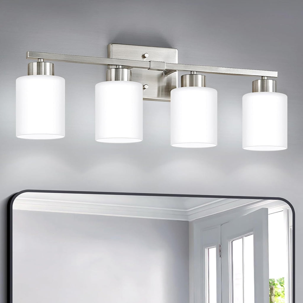 Brushed Nickel Bathroom Light Fixtures Vanity Lights Over Mirror | Modern 4-Light lighting fixtures with Milky White