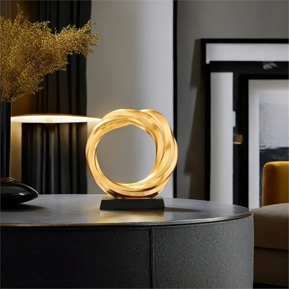 Modern Gold Resin Circle Sculpture, Abstract Design with Crystal Ball, 8.66 in Decorative Home Accent , or Entryway