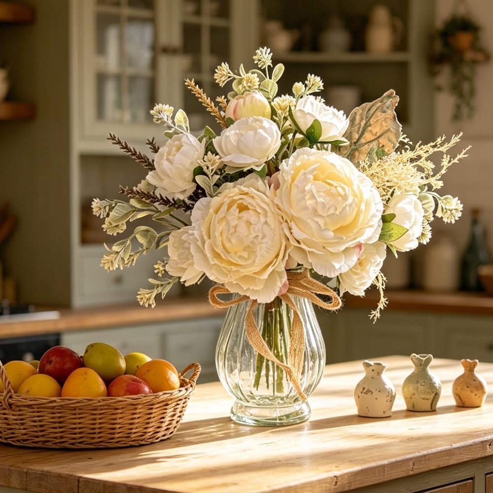 Faux Peonies White Artificial Flowers with Vase, 12.9''