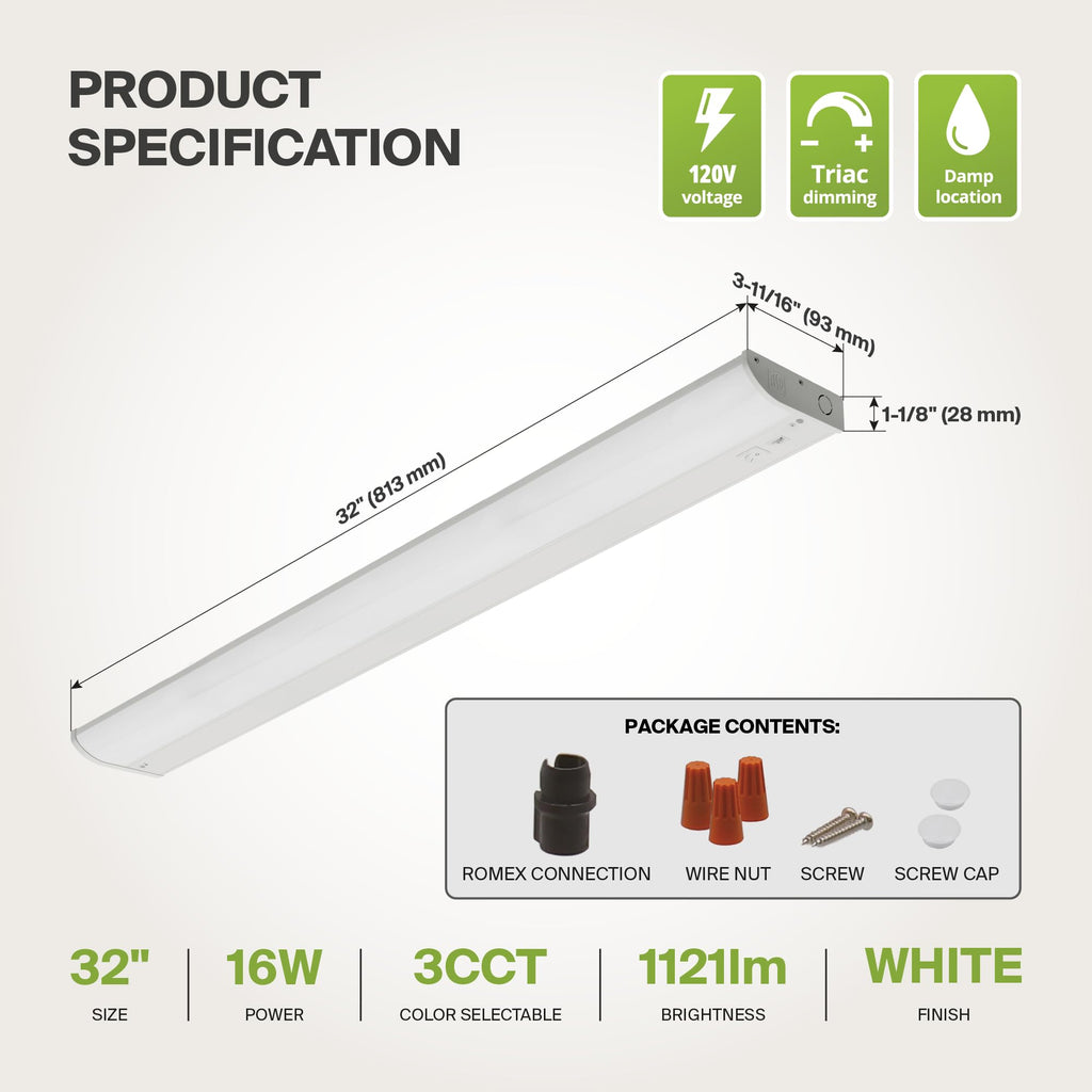 LED Under Cabinet Lighting, 32 inch 16W 1057 LM Dimmable Hardwired Under Cabinet Lights, 3000K Soft/4000K Cool/5000K
