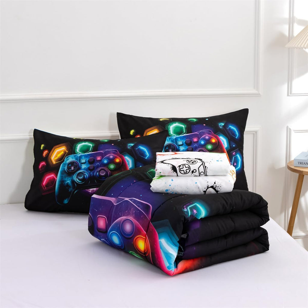 Game Console Comforter Set for Boys Girls Kids Space Universe Gaming Geometric Lightweight Microfiber Gamer Bedding