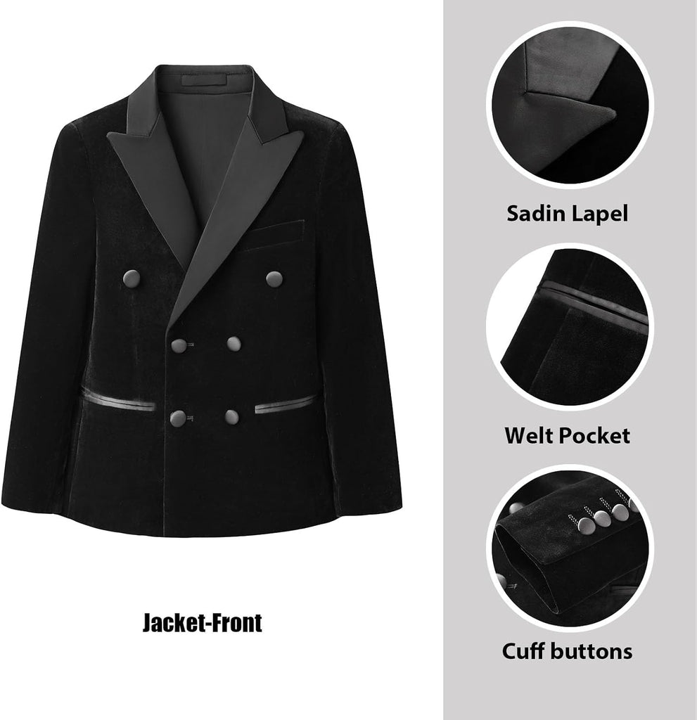 Boys Velvet Tuxedo Suit Double Breasted Formal 3 Piece Kid Suit Set