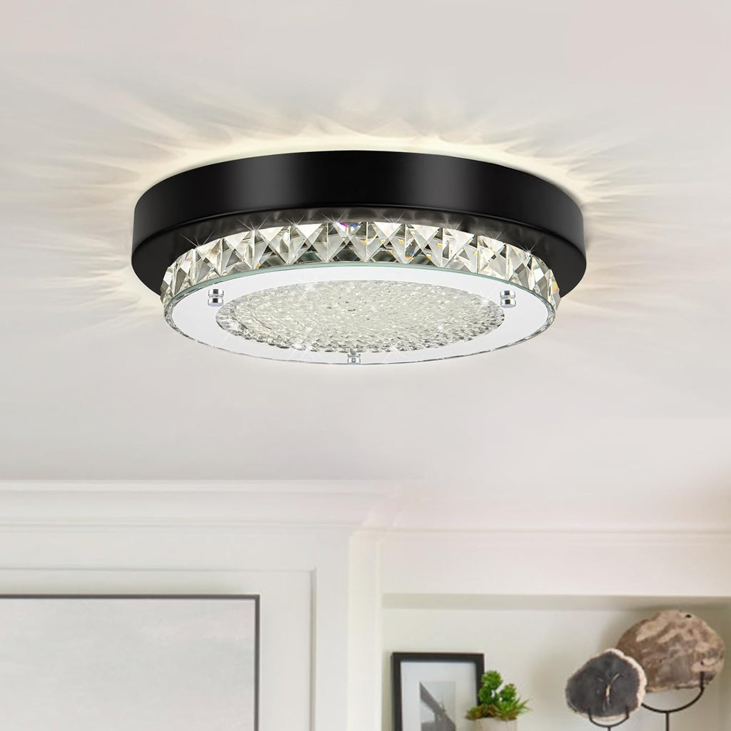 Flush Mount Ceiling Light Small Crystal LED Hallway Ceiling Lighting 10'' | 4000K, Dimmable, Mini, Black Crystal