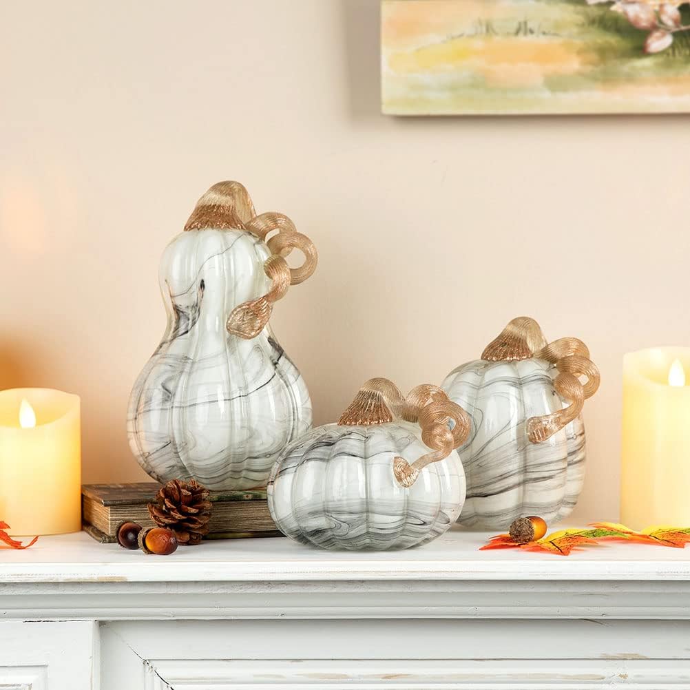 Hand Blown Glass Pumpkin Table Accent for Fall Harvest Decorating for Mother Gray Marble 4.13" H